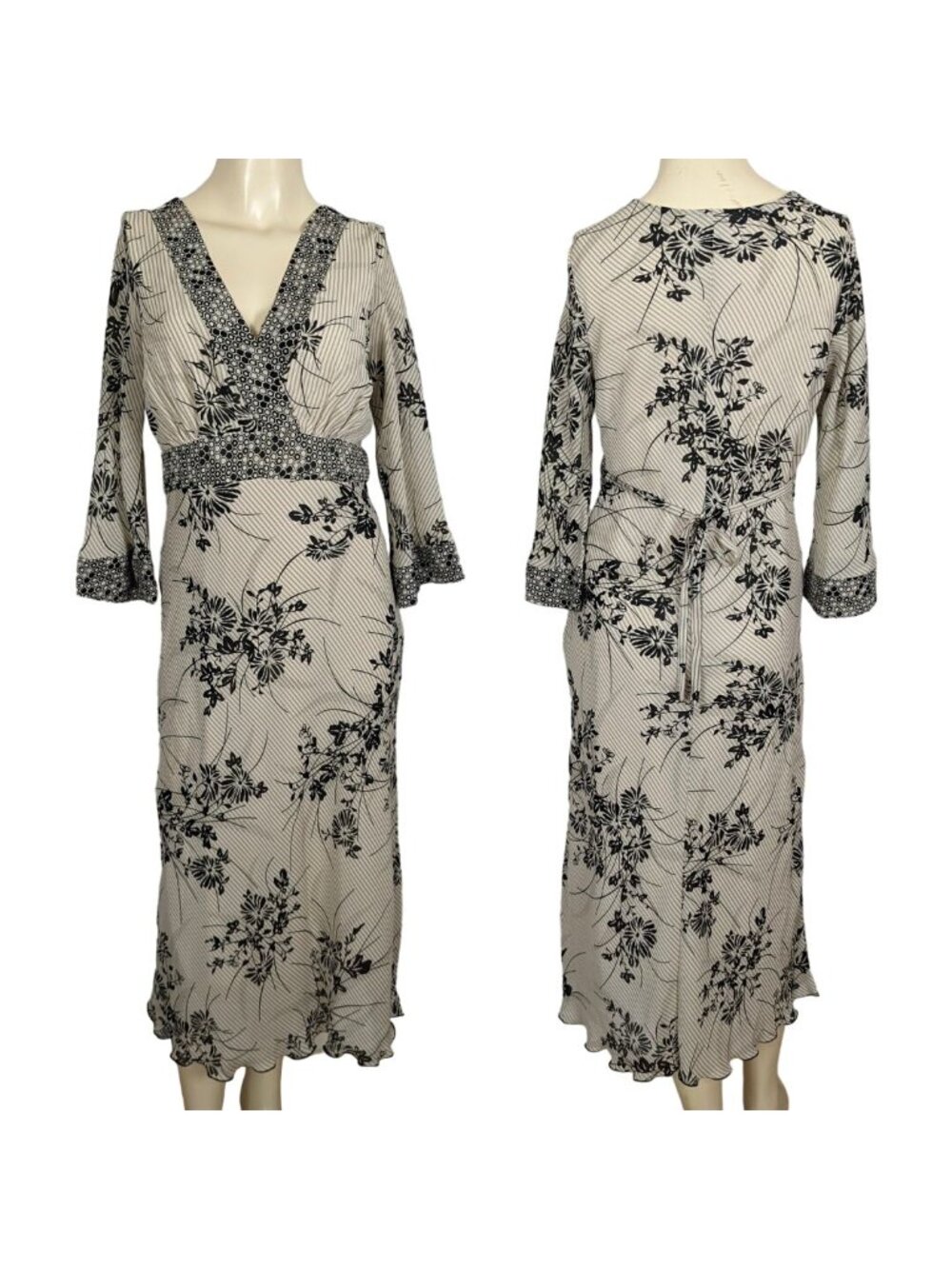 Jonathan Martin Womens 10 Beige Black Floral Empire Waist Midi Dress V Neck 3/4